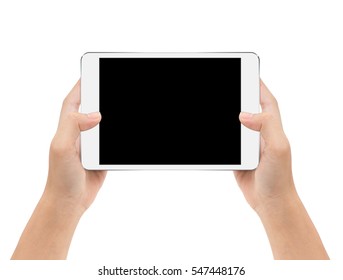 Mock-up Digital Tablet In Hand Isolated On White Background With Clipping Path Inside