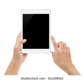 mock-up digital tablet in hand isolated on white background with clipping path inside