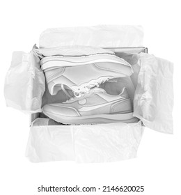 Mockup Of Discolored Sports Shoes . Box With Pair Of Sneakers Isolated On White Background.