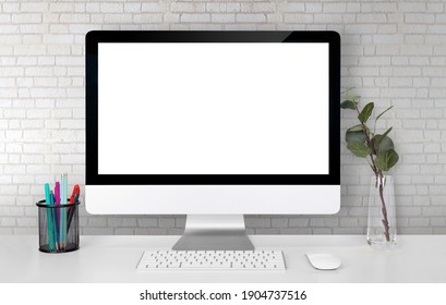 Mockup Display Screen Blank Computer On Desk With White Wall, Office And Workspace, Monitor With Empty, Office And Workplace In Room, Copy Space, Modern And Minimalist, Indoor, Creativity And Decor.