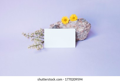 Mockup Editable Thank You Card  Or Business Card Template,cute Flower With Rock On Pastel Background,clipping Path