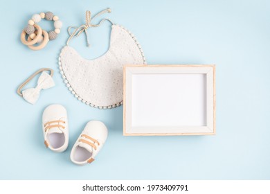 Mockup Of Empty Frame With White Baby Accessories, Baby Shower, Baptism Invitation