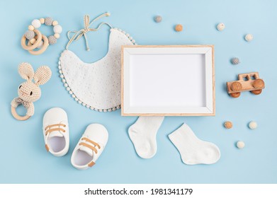 Mockup Of Empty Frame With White Baby Accessories, Baby Shower, Baptism Invitation