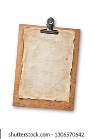 Mockup Of Empty Old Vintage Paper Sheet On Clipboard Isolated On White Background