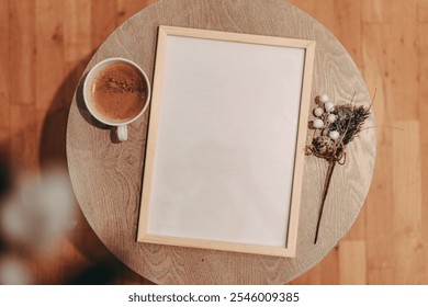 A mockup of an empty photo frame or painting, a sheet of white paper, a cup of coffee is on the table - Powered by Shutterstock