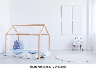 Mockup Of Empty Posters In Boy's Interior With Blue Accent On Wooden Bed