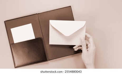 mockup envelop with empty space for text and design in hand of woman on brown background. Colour of the year Mocha Mousse, greeting card, layout for a slogan - Powered by Shutterstock