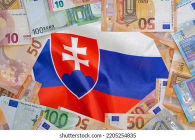 Mockup of Euro banknotes on flag Slovakia background. Different Euro banknotes frame. Business, finance, investment, saving and corruption concept of Slovakia - Shutterstock ID 2205254835