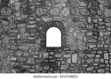 mock-up. exterior View from the ancient stone window, Medieval stone arch, mockup. Arch in stone wall. window, arch at the entrance of temple, church.  mock up. Windowframe in a stoned wall. isolated  - Powered by Shutterstock