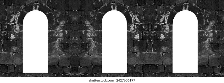 mock-up. exterior View from the ancient stone window, Medieval stone arch, mockup. Arch in stone wall. window, arch at the entrance of temple, church. mock up. Windowframe in a stoned wall. isolated