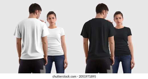 Mockup of a fashion white, black T-shirt on a guy, back view, and a girl, front, for presentation of design. Blank women's, men's clothing template isolated on background. Wear set for advertising - Shutterstock ID 2051971895