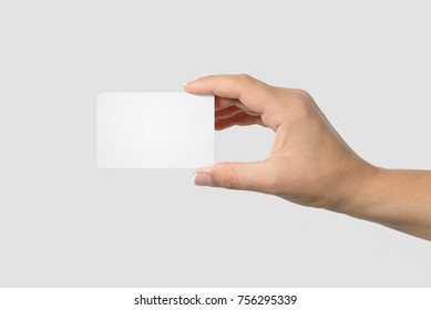 Mockup Of Female Hand Holding A Business Card Isolated On Light Grey Background. Rounded Corner, Size 85 × 55 Mm.