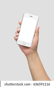 Mockup Of Female Hand Holding Phone Isolated On Light Grey Background | App & UI Mockups 