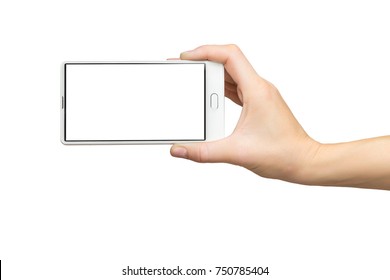 Mockup Of Female Hand Holding White Frameless Cell Phone With Blank Screen Isolated At White Background.