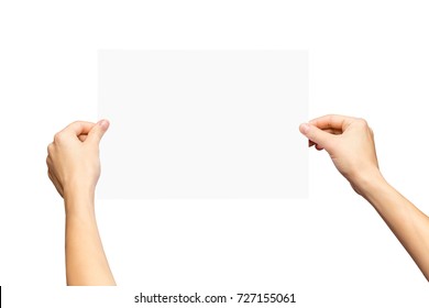 Mockup Of Female Hands Holding Blank Paper List Isolated At White Background.