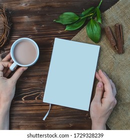 Mockup Flat Lay Composition With Book, Hand , Cup Of Coffee On Wooden Table Eco Concept