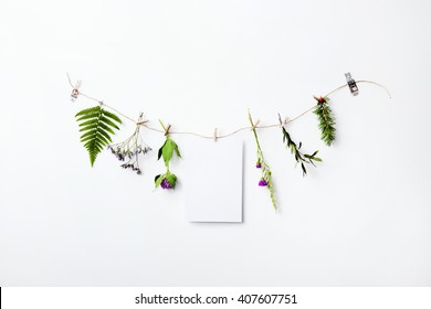 Mock-up With Flower Garland And Blank Paper. Scandinavian Style Home.