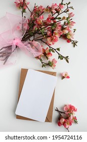 Mockup Greeting Card From Flowering Branches, Envelope And White Blank For Text 