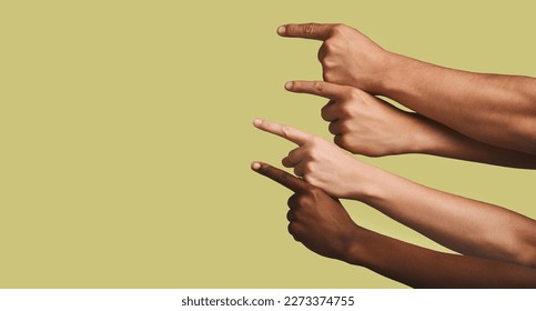 Mockup, hands and group of people in studio with answer, gesture or sign against yellow background. Finger, direction and emoji hand showing solution, faq or about us, vote or opinion while isolated