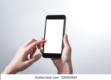 Mockup Hands Phone Iphone Mock Up Screen Holding Display Blank White Cellphone Reading Search Chat Electronic Media Concept - Stock Image