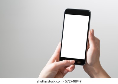 Mockup Hands Phone Iphone Mock Up Screen Holding Display Blank White Cellphone Reading Search Chat Electronic Media Concept - Stock Image
