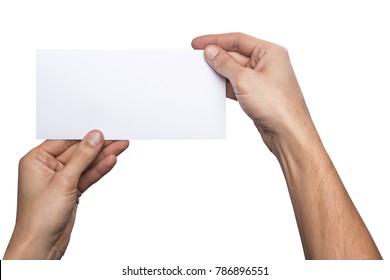 Mockup Horizontal Flyer Empty Blank White Holds The Man In His Hand. Isolated On A White Background