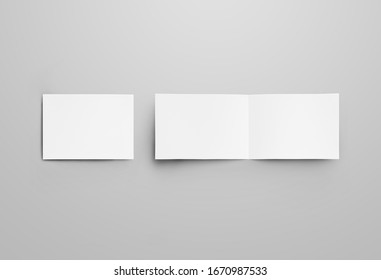 Mockup Of Horizontal Landscape For Business, Isolated On Gray Background.The Template Of The First Booklet Is Open On A U-turn, The Second Is Closed, Shows The Back.Empty Bifold With Realistic Shadows