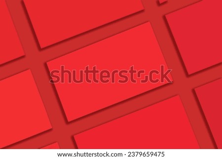 Mockup of horizontal red business cards stacks arranged in rows at red textured paper background