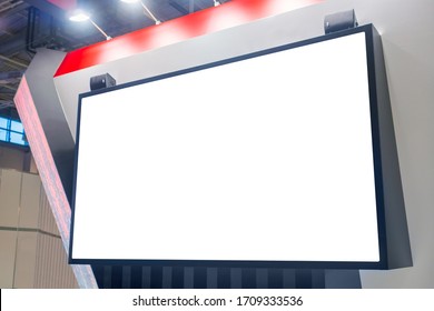 Mockup Image: Blank Large Interactive White Wall Display At Modern Technology Exhibition, Museum With Futuristic Scifi Interior. Mock Up, Isolated, White Screen, Copyspace, Template, Education Concept