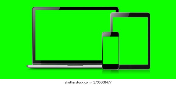 Mockup Image Of Laptop, Tablet And Mobile Blank Green Screen In Vertical Position Isolated On Green Background, Concept Device Mockup.