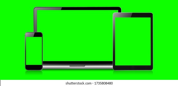 Mockup Image Of Laptop, Tablet And Mobile Blank Green Screen In Vertical Position Isolated On Green Background, Concept Device Mockup.