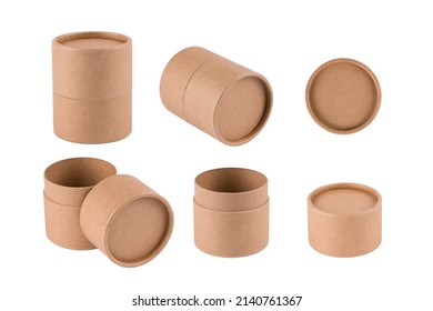 Mockup Image Of Paper Tube With Paper Cap In Different Positions Isolated On White Background For Your Design Or Presentation. Cardboard Containers For Packaging, Sustainable Packaging Concept