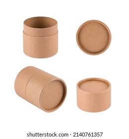 Mockup Image Of Paper Tube With Paper Lid In Different Positions Isolated On White Background For Your Design Or Project. Cardboard Containers For Packaging, Sustainable Packaging Concept