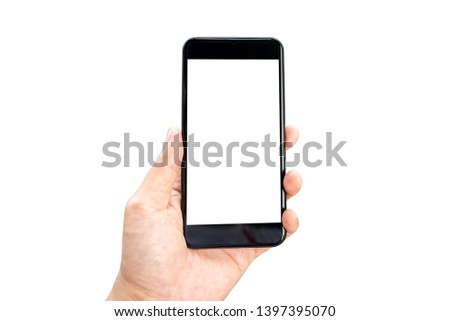 Mockup image of Woman hand holding mobile smartphones isolated white screen for mockup design and others app display background. Graphic design montage