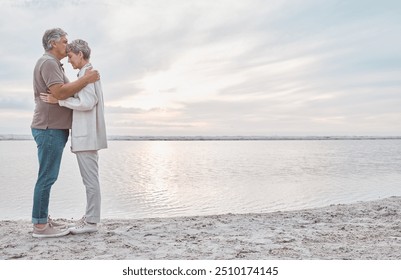 Mockup, kiss and senior couple by beach to relax on holiday, vacation and romantic weekend together. Marriage, travel and man and woman embrace for affection for bonding, relationship and commitment - Powered by Shutterstock