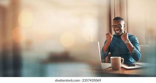 Mockup, laptop or black man trading in office for success, goals or sales target in online achievement. Happy investor, bokeh or excited trader in celebration of winning on stock market bonus victory - Powered by Shutterstock