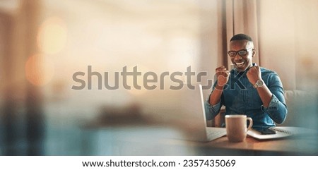Mockup, laptop or black man trading in office for success, goals or sales target in online achievement. Happy investor, bokeh or excited trader in celebration of winning on stock market bonus victory