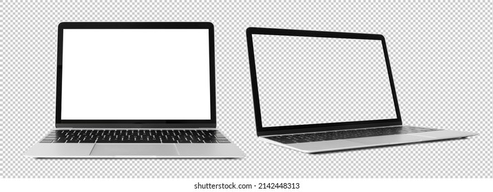 Mockup of laptop computers. Front and side views with empty blank screens. Transparent pattern background.