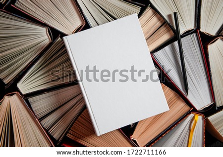 Mockup layout and a black pencil lie on multicolored open books