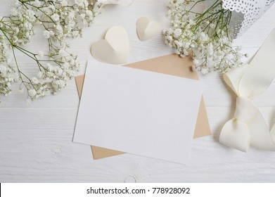 Mockup Letter With A Calligraphic Pen Greeting Card For St. Valentine's Day In Rustic Style With Place For Your Text, Flat Lay, Top View Photo Mock Up