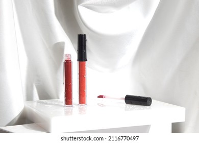 Mockup Of Lipstick Cosmetic Makeup Product, Branding Of Beauty Fashion, Red Rose Lips On White Background