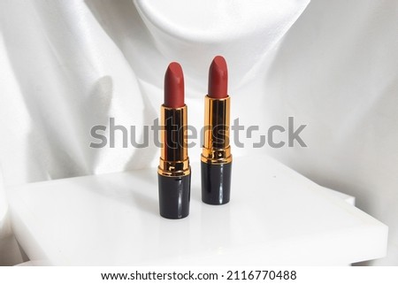 mockup of lipstick cosmetic makeup product, branding of beauty fashion, red rose lips on white background
