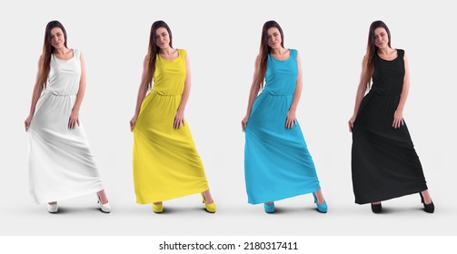 Mockup of a long female dress on a girl in heels, white, black, yellow, blue sundress, isolated on background, front view. Fashion clothes, sleeveless, for design, pattern