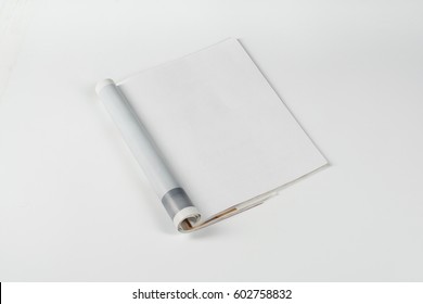 Mock-up Magazine Or Catalog On White Table. Blank Page Or Notepad On Neutral Background. Blank Page Or Notepad For Mockups Or Simulations.