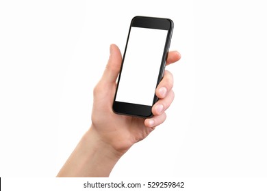 Mockup Of Male Hand Holding Black Cellphone Isolated At White Background.