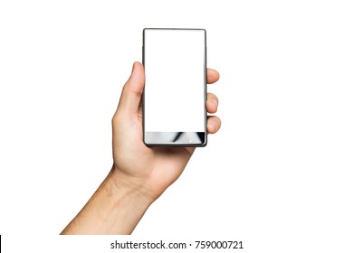 Mockup of male hand holding black frameless cell phone with blank screen isolated at white background. - Shutterstock ID 759000721