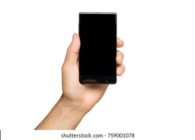 Mockup Of Male Hand Holding Black Frameless Cell Phone With Black Screen Isolated At White Background.