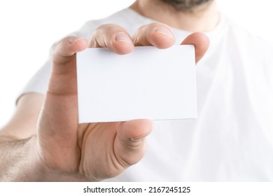 Mockup Of Man's Hand Holding A Bussines Card, Isolated On White Background