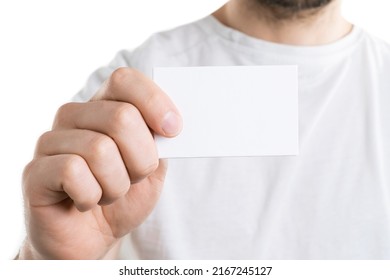 Mockup Of Man's Hand Holding A Bussines Card, Isolated On White Background