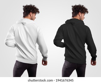 Mockup mens hoodie on a guy, back view, white and black sweatshirt, isolated on background. Casual clothes template for presentation of design, pattern, print. Fashion apparel set with a hood - Powered by Shutterstock